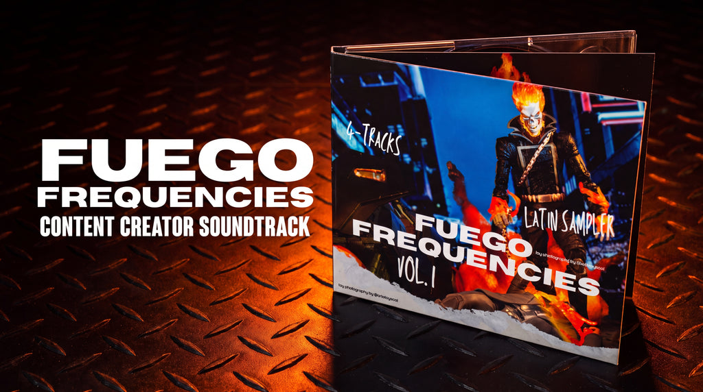 A boxed soundtrack product titled 'FUEGO FREQUENCIES CONTENT CREATOR SOUNDTRACK' stands on a dark diamond-plate metal surface. The box cover shows a fiery character in black with orange flames and the text 'FUEGO FREQUENCIES VOL.