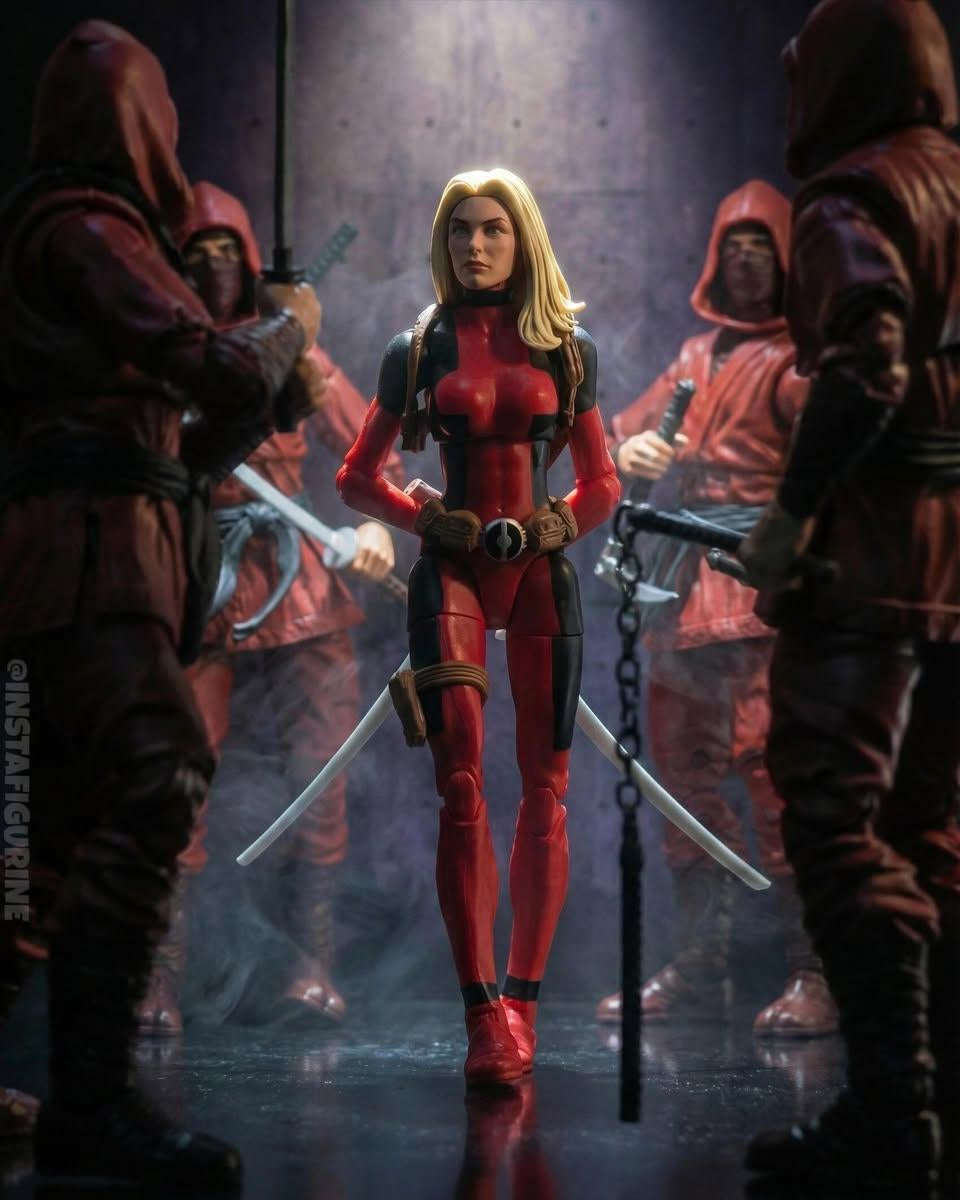 A red and black Deadpool action figure stands centered in a dramatic scene, surrounded by hooded figures holding swords in a dark, smoky environment.