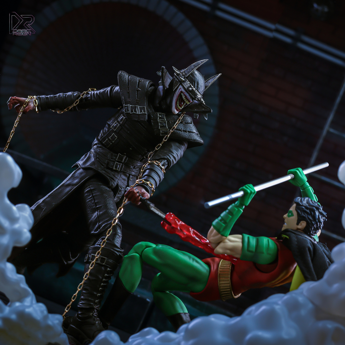 The Darkest Reign EP by Darc Reign - cover art, dark cinematic toy photography of the Batman Who Laughs